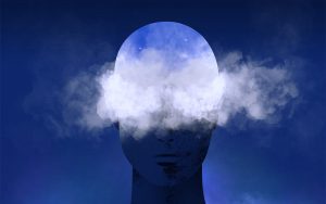 Concept of brain fog (clouds in a person's head)