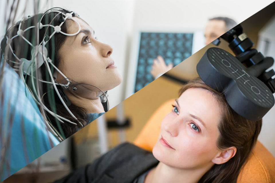 Woman receiving an EEG and then TMS as part of MeRT treatment for TRD