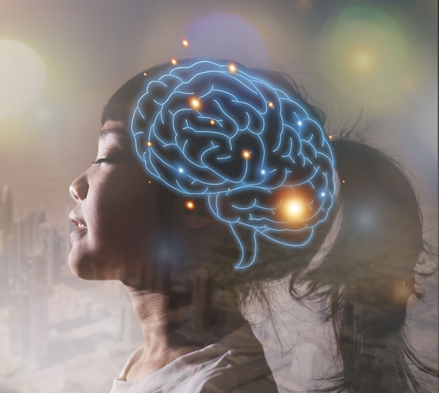 Brain image superimposed over an asian girl's head