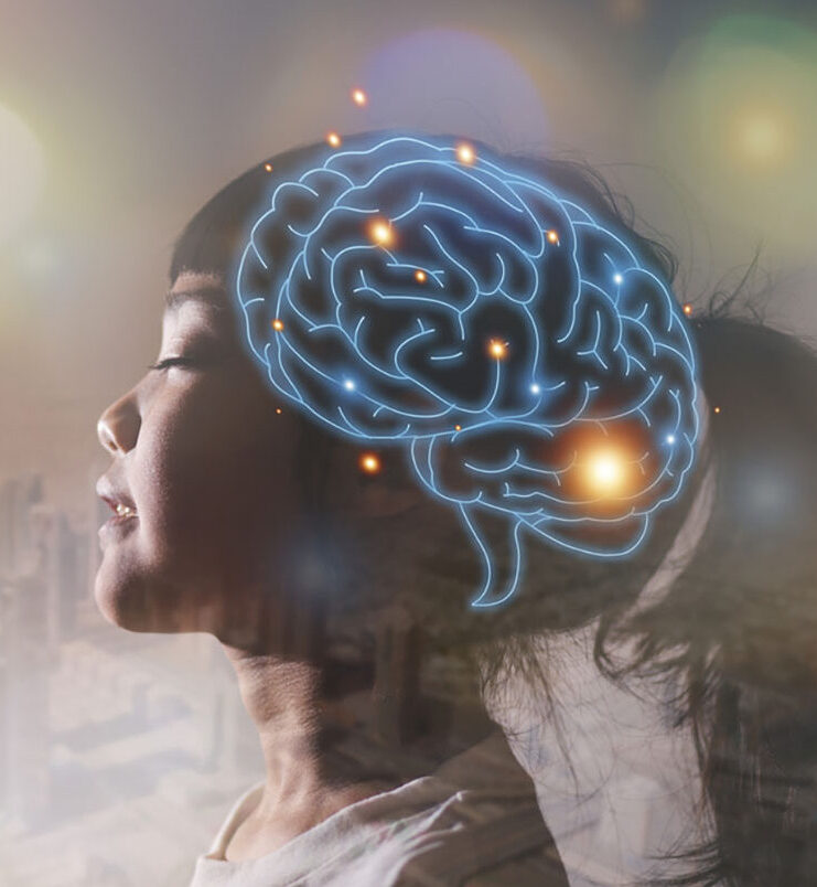 Brain image superimposed over an asian girl's head